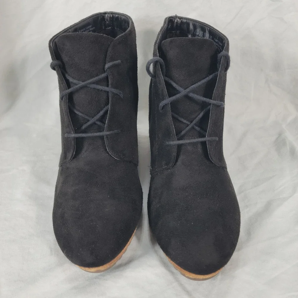 Black Lace Up Booties Womens 8.5 Suede Wedge Ankle Boots Whimsigoth Witchy Boho